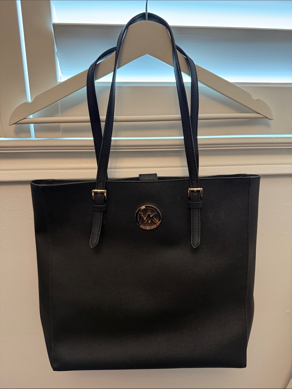 Michael Kors Black Leather Tote with Gold MK Emblem